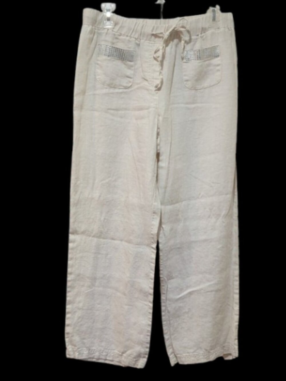 Style & Co Cream 100% Linen Wide Leg Pants Drawstring Sequin Pockets - Size 12P